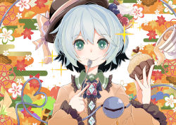 Rule 34 | 1girl, absurdres, black hat, blueberry, blush, bow, bright pupils, buttons, cherry, closed mouth, commentary request, cup, diamond-shaped pupils, diamond (shape), diamond button, food, food on face, frilled shirt collar, frilled sleeves, frills, fruit, godwindgirl, green eyes, green hair, hair between eyes, hat, hat bow, heart, heart of string, highres, holding, holding food, holding spoon, komeiji koishi, long sleeves, looking at viewer, orange (fruit), orange slice, pastry, saucer, shirt, short hair, solo, sparkle, spoon, symbol-shaped pupils, teacup, third eye, touhou, upper body, whipped cream, white pupils, wide sleeves, yellow bow, yellow shirt