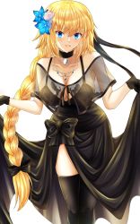 Rule 34 | 1girl, bare shoulders, black dress, black gloves, black thighhighs, blonde hair, blue eyes, blush, braid, braided ponytail, breasts, choker, cleavage, collarbone, dress, fate/apocrypha, fate/grand order, fate (series), flower, gloves, hair flower, hair ornament, heroic spirit formal dress, highres, ilsa34660285, jeanne d&#039;arc (fate), jeanne d&#039;arc (formal dress) (fate), jeanne d&#039;arc (ruler) (fate), jewelry, large breasts, long hair, looking at viewer, necklace, open mouth, smile, solo, thighhighs, thighs, very long hair, white background