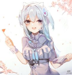 Rule 34 | 1girl, animal ear headphones, animal ears, artist name, blue hair, blue neckerchief, blue sailor collar, blue serafuku, breasts, cherry blossoms, collared dress, crop top, dress, fake animal ears, goddess of victory: nikke, grey eyes, hanbok625, headphones, headset, holding, holding tablet pc, light blush, long hair, medium breasts, neckerchief, open mouth, sailor collar, serafuku, shifty (nikke), short sidetail, short sleeves, side ponytail, smile, solo, tablet pc, teeth, upper body, upper teeth only, wrist cuffs