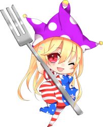 Rule 34 | 1girl, ;d, american flag dress, american flag legwear, arm up, blonde hair, blue dress, blue pantyhose, blush, breasts, chibi, clownpiece, commentary request, dress, fork, full body, hair between eyes, hand on own hip, hat, heart, highres, holding, holding fork, jester cap, leg up, long hair, looking at viewer, natsuki (ukiwakudasai), neck ruff, no shoes, one eye closed, open mouth, pantyhose, polka dot, polka dot headwear, purple hat, red dress, red eyes, red pantyhose, short sleeves, simple background, small breasts, smile, solo, star (symbol), star print, striped clothes, striped dress, striped pantyhose, thighs, touhou, white background, white dress, white pantyhose