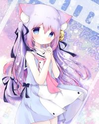 Rule 34 | 1girl, akatsuki (ytkg5558), animal ear fluff, animal ears, bell, blue eyes, bow, bowtie, cat ears, cat girl, cat tail, commentary request, dress, hair bell, hair ornament, hair ribbon, highres, jingle bell, long hair, looking at viewer, necktie, original, pink necktie, purple hair, ribbon, sailor collar, sailor dress, short eyebrows, signature, sleeveless, sleeveless dress, solo, standing, tail, tail ornament, tail ribbon, thick eyebrows, white sailor collar