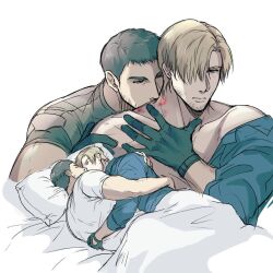 Rule 34 | 2boys, bara, bed, bite mark, black gloves, black hair, blue shirt, brown hair, chris redfield, closed eyes, curtained hair, facial hair, gloves, green shirt, leon s. kennedy, looking at another, lying, male focus, multiple boys, muscular, muscular male, on bed, on side, open clothes, open shirt, pillow, resident evil, resident evil 6, shirt, short hair, sleeping, ugoxqwfqpzfmbu2, white shirt, yaoi