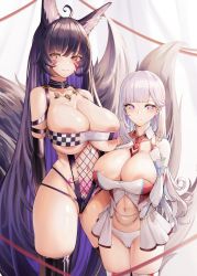 Rule 34 | 2girls, animal ear fluff, animal ears, areola slip, azur lane, black thighhighs, blunt bangs, breasts, cameltoe, checkered clothes, cleavage, cleft of venus, cowboy shot, crotch zipper, detached collar, elbow gloves, facial mark, fox ears, fox girl, fox tail, gloves, highres, huge breasts, jewelry, kitsune, large breasts, leotard, long hair, magatama, magatama necklace, midriff, mole, mole on breast, multiple girls, musashi (azur lane), navel, necklace, necktie, panties, plymouth (azur lane), pubic tattoo, purple eyes, purple hair, race queen, scrunchie, short necktie, strapless, tail, tattoo, thighhighs, tube top, underwear, very long hair, white panties, wrist scrunchie, yusha m, zipper