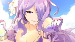 Rule 34 | 1girl, blue sky, breasts, camilla (fire emblem), camilla (summer) (fire emblem), cleavage, cloud, cup, day, drinking glass, fire emblem, fire emblem fates, fire emblem heroes, flower, hair flower, hair ornament, hair over one eye, highres, large breasts, long hair, nakabayashi zun, nintendo, parted lips, purple eyes, purple hair, sky, solo, swimsuit