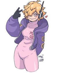 Rule 34 | 1girl, artist request, blush, bodysuit, breasts, covered navel, feet out of frame, gloves, hair over one eye, heart, highres, jacket, large breasts, looking at viewer, one piece, orange hair, pink bodysuit, pink eyes, purple jacket, shiny clothes, vegapunk lilith, wide hips