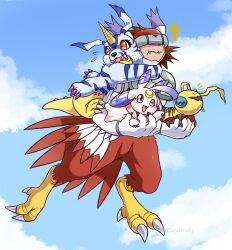 Rule 34 | 1boy, :3, :d, ^^^, ahoge, animal ears, antennae, bird legs, bird tail, blue sky, bodysuit, brown hair, carrying, cat ears, chest guard, claws, closed mouth, cloud, commentary, covered eyes, day, digimon, digimon (creature), digitigrade, english commentary, fangs, fangs out, feathered wings, floating, flying sweatdrops, full body, gabumon, head-mounted display, highres, horns, huge ahoge, isso (thatsquirrelly), kunemon, looking back, lunamon, male focus, medium hair, notice lines, open mouth, pointing, purple eyes, rabbit, red eyes, sharp teeth, shoulder pads, silphymon, single horn, sky, smile, solo focus, sweat, tail, talons, teeth, white bodysuit, winged arms, wings, worm