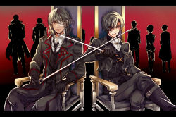 Rule 34 | 2boys, ascot, bandage over one eye, bandages, black gloves, black hair, chair, crossed legs, formal, gaius (tales), gloves, gradient background, letterboxed, male focus, manly, multiple boys, necktie, red eyes, sitting, suit, sword, tales of (series), tales of xillia, tales of xillia 2, victor (tales), warakusa, weapon