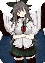 Rule 34 | 1girl, ahoge, black thighhighs, blouse, blue cape, bow, breasts, cape, closed mouth, contrapposto, crossed arms, green bow, green skirt, grey hair, hair bow, head tilt, large breasts, long hair, looking at viewer, miniskirt, necro (nekurodayo), orange eyes, puffy short sleeves, puffy sleeves, reiuji utsuho, shirt, short sleeves, skirt, solo, spread wings, thighhighs, third eye, touhou, white cape, white shirt, zettai ryouiki