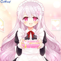 Rule 34 | 1girl, :d, apron, blush, bow, box, center frills, chain paradox, character request, collared dress, copyright name, dress, frilled apron, frilled sleeves, frills, gift, gift box, grey hair, hair between eyes, hair ornament, hand up, heart, heart hair ornament, holding, holding gift, indoors, juliet sleeves, long hair, long sleeves, looking at viewer, maid, maid apron, maid headdress, open mouth, puffy sleeves, red bow, red eyes, shikito (yawa0w0), smile, solo, very long hair