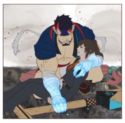 Rule 34 | 1boy, 1girl, abs, angry, bandaged arm, bandages, bara, beard, black hair, broken horn, bulge, clenched teeth, demon boy, demon horns, facial hair, female protagonist (live a hero), flat color, happi, headband, holding, holding weapon, horns, injury, japanese clothes, kneeling, large pectorals, live a hero, looking at viewer, mature male, muscular, muscular male, navel, necktie, nessen (live a hero), on one knee, pectoral cleavage, pectorals, revealing clothes, shinonome kaikou, short hair, sleeves rolled up, stomach, teeth, weapon, wind