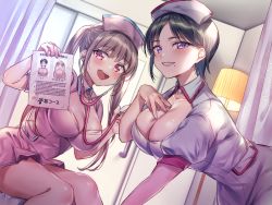 Rule 34 | 2girls, :d, black hair, blush, breasts, brown hair, cleavage, curtains, day, hand on own breast, hat, highres, holding, holding paper, indoors, lamp, large breasts, leaning forward, looking at viewer, mole, mole under mouth, multiple girls, natsuki iori, nurse, nurse cap, open mouth, original, paper, parted lips, pink eyes, purple eyes, short hair, sitting, smile, stethoscope, twintails, window