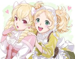 Rule 34 | 2girls, blonde hair, bow, dress, drill hair, earrings, fire emblem, fire emblem awakening, gloves, green eyes, hair bow, heart, jewelry, lissa (fire emblem), long hair, long sleeves, maribelle (fire emblem), mojakkoro, multiple girls, nintendo, one-hour drawing challenge, open mouth, pink gloves, twintails, upper body, white bow