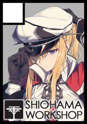 Rule 34 | 10s, 1girl, adjusting clothes, adjusting headwear, bad id, bad twitter id, black gloves, blonde hair, circle cut, circle name, gloves, graf zeppelin (kancolle), hat, hat over one eye, highres, jpeg artifacts, kantai collection, ladic, peaked cap, purple eyes, sidelocks, solo
