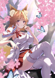 Rule 34 | 1girl, absurdres, animal ear fluff, animal ears, bandages, blonde hair, breasts, cherry blossoms, chest sarashi, commentary request, commission, facial mark, feet out of frame, fox ears, hand up, highres, japanese clothes, kimono, large breasts, looking at viewer, medium hair, miniskirt, original, pleated skirt, purple eyes, red skirt, sarashi, sitting, skeb commission, skirt, solo, thighhighs, thighs, wanatsu 15, white kimono, white thighhighs