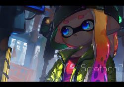 Rule 34 | 1girl, black hat, blue eyes, city, closed mouth, coat, copyright name, gradient hair, hat, highres, inkling, inkling girl, inkling player character, kashu (hizake), letterboxed, long hair, long sleeves, multicolored hair, nintendo, open clothes, open coat, orange hair, pointy ears, portrait, purple hair, red shirt, shirt, solo, splatoon (series), splatoon 2, standing, tentacle hair, yellow coat