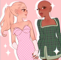 Rule 34 | 2girls, animification, ariana grande, bald, bald girl, bare shoulders, black eyes, blonde hair, blush, cynthia erivo, dark-skinned female, dark skin, dress, earrings, fingernails, gloves, green nails, hair behind ear, holding hands, hoop earrings, jewelry, looking at another, looking at viewer, multiple girls, nose piercing, nose ring, pearl earrings, piercing, pink dress, pirorin21century, plaid, plaid dress, polka dot, polka dot dress, real life, sharp fingernails, smile, sparkle, thick lips, unmoving pattern, white eyeshadow, white gloves