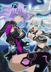 Rule 34 | 10s, 2girls, black heart (neptunia), blue eyes, breasts, cleavage, cleavage cutout, clothing cutout, female focus, flying, glowing, green eyes, hair ornament, leotard, long hair, multiple girls, neptune (neptunia), neptune (series), noire (neptunia), plugsuit, purple hair, purple heart (neptunia), sega, sony, sparkle, symbol-shaped pupils, third-party edit, twintails, white hair