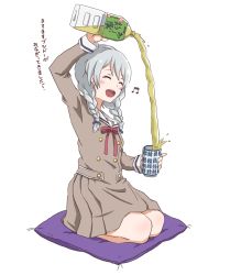 Rule 34 | 1girl, :d, ^ ^, arm up, azarashi no shioyaki, bang dream!, blue ribbon, blush, bottle, braid, brown dress, closed eyes, commentary request, cup, cushion, double bun, dress, grey hair, hair bun, hair ribbon, hanasakigawa school uniform, highres, holding, holding bottle, holding cup, index finger raised, long hair, long sleeves, musical note, neck ribbon, open mouth, pouring, red ribbon, ribbon, sailor dress, school uniform, seiza, simple background, sitting, smile, solo, tea, translation request, twin braids, wakamiya eve, white background