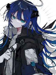 Rule 34 | 1girl, arknights, black jacket, blue eyes, blue hair, closed mouth, commentary, demon horns, dot mouth, energy wings, fur-trimmed jacket, fur trim, gloves, halo, head tilt, highres, horns, jacket, long hair, looking at viewer, looking to the side, mostima (arknights), shirt, sidelocks, simple background, solo, upper body, uturoha hito., white background, white gloves, white shirt