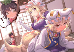 Rule 34 | !, 3girls, animal ears, animal hat, ass, black hair, blonde hair, blush, bow, bowtie, breasts, brooch, brown eyes, cat ears, cat tail, chen, choker, commentary request, dress, elbow gloves, fang, fox tail, frilled shirt collar, frills, full-face blush, gloves, green headwear, hair between eyes, hat, hat ribbon, highres, indoors, jewelry, long hair, looking at another, lying, masanaga (tsukasa), medium breasts, mob cap, multiple girls, multiple tails, nekomata, no shoes, nose blush, on stomach, open mouth, pink ribbon, puffy short sleeves, puffy sleeves, purple dress, purple eyes, red choker, red ribbon, red skirt, red vest, ribbon, ribbon choker, shirt, short hair, short sleeves, sidelocks, skirt, skirt set, sliding doors, socks, spanked, spanking, sweat, tabard, tail, tears, touhou, two tails, vest, wavy mouth, white dress, white gloves, white headwear, white legwear, white shirt, yakumo ran, yakumo yukari, yellow bow, yellow neckwear