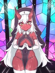 Rule 34 | 1girl, akumi (yoclesh), bebatch, breasts, colored skin, covered navel, cowboy shot, cross, cross necklace, elbow gloves, gloves, habit, highres, horns, indie virtual youtuber, jewelry, large breasts, long hair, necklace, nun, oni, oni horns, panties, red horns, red oni, red skin, revealing clothes, scar, scar on arm, scar on face, scar on stomach, smile, solo, standing, thighhighs, underwear, very long hair, virtual youtuber, vyugen, white gloves, white hair, white panties, white thighhighs, yellow eyes