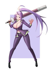 Rule 34 | 1girl, absurdres, belt, black belt, black footwear, black horns, border, breasts, cleavage, commentary, fang, fingernails, formal, full body, hands up, highres, holding, holding sword, holding weapon, horns, hoze, huge breasts, korean commentary, long sleeves, looking at viewer, mixed-language commentary, nail polish, oni, oni horns, open mouth, outside border, pants, ponytail, purple background, purple eyes, purple hair, purple nails, purple pants, purple suit, shion (tensei shitara slime datta ken), simple background, single horn, smile, solo, suit, sword, tensei shitara slime datta ken, weapon, white border