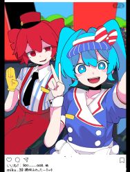 Rule 34 | 0 onibi, 2girls, black necktie, blue dress, blue eyes, blue hair, blurry, blurry background, blush, bright pupils, buttons, chair, collared shirt, double-breasted, dress, drill hair, flat chest, gloves, hair intakes, half-closed eye, hand up, hat, hatsune miku, highres, instagram, kasane teto, long hair, looking at viewer, mesmerizer (vocaloid), multiple girls, necktie, nervous smile, no pupils, open mouth, pants, pillarboxed, red hair, red hat, red pants, selfie, shaded face, shirt, short hair, sitting, smile, striped clothes, striped shirt, suspenders, synthesizer v, twin drills, twintails, v, visor cap, vocaloid, waving, white pupils, wrist cuffs, yellow gloves