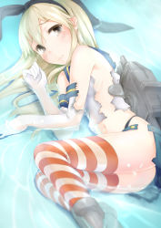 Rule 34 | 10s, 1girl, bad id, bad pixiv id, black eyes, blonde hair, blush, elbow gloves, gloves, guranyto, hairband, kantai collection, long hair, navel, partially submerged, personification, shimakaze (kancolle), solo, striped clothes, striped thighhighs, tears, thighhighs, torn clothes, water, white gloves