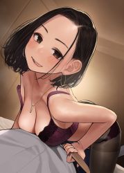 Rule 34 | 1boy, 1girl, :q, bare shoulders, bed, bed sheet, belt, black hair, black pants, black pantyhose, blush, bra, breasts, brown eyes, cleavage, collarbone, earrings, forehead, ganbare douki-chan, gold necklace, hair behind ear, highres, hoop earrings, indoors, jewelry, large breasts, licking lips, looking at viewer, lying, medium breasts, nail polish, naughty face, necklace, necktie, on back, on bed, out of frame, panties, pants, pantyhose, pov, purple bra, purple nails, purple panties, senpai-san (douki-chan), shirt, smile, teeth, tongue, tongue out, underwear, white shirt, yomu (sgt epper)