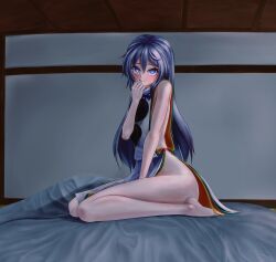 Rule 34 | 1girl, :q, alternate hairstyle, blue eyes, bottomless, closed mouth, commentary request, full body, grey hair, highres, indoors, japanese clothes, kariginu, long hair, looking at viewer, mikotouca, mononobe no futo, no headwear, pom pom (clothes), ribbon-trimmed sleeves, ribbon trim, shade, sitting, smile, solo, tongue, tongue out, touhou, variant set