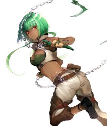 Rule 34 | 1girl, armlet, artist request, ass, bad id, bad twitter id, bob cut, bracelet, breasts, cleavage, emerald sustrai, green hair, jewelry, kusarigama, looking back, midriff, nauda rwby, red eyes, rwby, scythe, short hair with long locks, sickle, solo, weapon