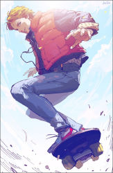 Rule 34 | 1boy, artist name, back to the future, blonde hair, cloud, denim, full body, highres, jacket, jeans, looking at viewer, male focus, marty mcfly, noaki, open clothes, open jacket, outstretched arms, pants, parted lips, shoes, skateboard, skateboarding, sky, smile, sneakers, solo