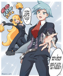 Rule 34 | &gt; o, 1boy, 1girl, ;d, belt, black coat, black footwear, black pants, black shirt, blonde hair, breasts, cleavage, coat, collared shirt, commentary request, creatures (company), cynthia (pokemon), english text, fur-trimmed coat, fur trim, game freak, goro orb, grey eyes, hair ornament, high heels, highres, holding, holding pom poms, jacket, jewelry, long hair, long sleeves, necktie, nintendo, one eye closed, open mouth, pants, pokemon, pokemon dppt, pokemon oras, pom pom (cheerleading), pom poms, ring, shirt, short hair, smile, speech bubble, spiked hair, steven stone, tongue, vest, white shirt