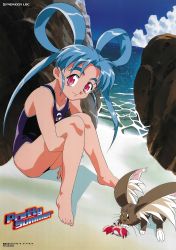 Rule 34 | 1girl, animal ear fluff, aqua hair, barefoot, beach, blue one-piece swimsuit, cabbit, crab, day, hair rings, hugging own legs, knees up, looking at viewer, masaki sasami jurai, not for sale, official art, one-piece swimsuit, outdoors, pink eyes, ryou-ouki, sitting, smile, solo, swimsuit, tenchi muyou!, twintails, water