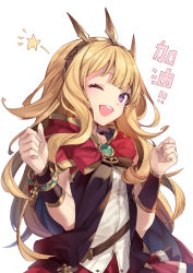 Rule 34 | 1girl, ;d, achan (blue semi), blonde hair, bracer, cagliostro (granblue fantasy), cape, crown, granblue fantasy, hairband, highres, long hair, one eye closed, open mouth, purple eyes, smile, spikes, upper body, white background