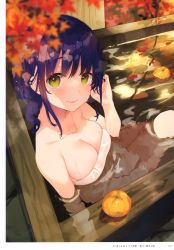 Rule 34 | 1girl, absurdres, artist name, bare shoulders, bekotarou, blue hair, blurry, blurry background, blush, breasts, closed mouth, collarbone, fingernails, food, fruit, hand up, highres, lips, long hair, looking at viewer, mandarin orange, medium breasts, mole, mole under eye, naked towel, original, page number, partially submerged, reflection, simple background, smile, solo, towel, water, water drop, wet, white towel, yellow eyes