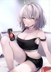 Rule 34 | 1girl, absurdres, ahoge, bare shoulders, black shorts, black sports bra, blush, breasts, can, chips (food), cleavage, collarbone, drink can, fate/grand order, fate (series), food, hane yuki, highres, jeanne d&#039;arc (fate), jeanne d&#039;arc alter (avenger) (fate), jeanne d&#039;arc alter (fate), knee up, large breasts, looking at viewer, mouth hold, potato chips, short hair, short shorts, shorts, silver hair, sitting, soda can, solo, sports bra, thighs, yellow eyes