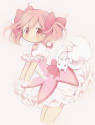 Rule 34 | 1girl, absurdres, blush, bow, bubble skirt, cowboy shot, hair ribbon, heart, highres, hitode, kaname madoka, kyubey, leaning forward, magical girl, mahou shoujo madoka magica, mahou shoujo madoka magica (anime), own hands together, pink background, pink eyes, pink hair, red ribbon, ribbon, short hair, short twintails, skirt, smile, solo, soul gem, standing, twintails