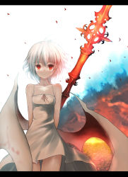 Rule 34 | 1girl, absurdres, alternate costume, bat wings, dress, female focus, highres, letterboxed, polearm, red eyes, remilia scarlet, short hair, solo, spear, spear the gungnir, sumisu (mondo), sundress, tears, thigh gap, touhou, weapon, white hair, wings