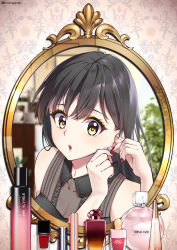 Rule 34 | 1girl, :o, bare shoulders, black hair, blush, bottle, character request, collarbone, commentary request, earrings, eyeshadow, female pov, fingernails, gals!, heart, heart earrings, highres, jewelry, long fingernails, long hair, looking at viewer, makeup, mimamui, mirror, nail polish, open mouth, perfume bottle, pov, red nails, reflection, solo, twitter username, wing collar, yellow eyes
