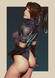 Rule 34 | 1girl, armor, ass, bad id, bad pixiv id, blue leotard, boobplate, breastplate, brown hair, elbow gloves, final fantasy, final fantasy vii, final fantasy vii remake, fingerless gloves, gloves, headband, highleg, highleg leotard, highres, jessie rasberry, john doe, leotard, looking at viewer, looking back, no pants, parted lips, ponytail, red headband, shoulder armor, smile, solo, square enix