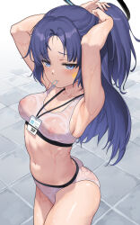 Rule 34 | 1girl, absurdres, arms up, blue archive, blue eyes, blue hair, breasts, buruma, covered erect nipples, hair tie in mouth, halo, highres, lanyard, long hair, looking at viewer, medium breasts, mouth hold, navel, raised eyebrows, see-through, sinad aruatjanapat, solo, sports bra, star sticker, sticker on face, stomach, sweat, tile floor, tiles, tying hair, very long hair, wet, white buruma, white sports bra, yuuka (blue archive)