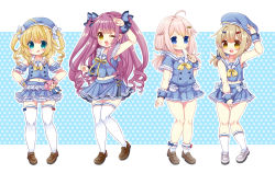 Rule 34 | 4girls, ahoge, alternate costume, aqua eyes, azur lane, blue bow, blue eyes, blue headwear, bobby socks, bow, bow legwear, brown footwear, character doll, checkered bow, checkered clothes, craven (azur lane), drill hair, eating, food, gridley (azur lane), hair bow, hands on own hips, hat, knees together feet apart, long hair, low ponytail, maury (azur lane), mccall (azur lane), medium hair, multiple girls, one eye closed, popsicle, saratoga (azur lane), side ponytail, socks, thighhighs, twintails, two side up, very long hair, white footwear, white legwear, yellow eyes