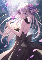 Rule 34 | 1girl, bad id, bad pixiv id, bare arms, bare shoulders, black dress, black ribbon, blue eyes, blush, breasts, closed mouth, commentary request, day, dress, flower, from side, grey hair, hair between eyes, hair flower, hair ornament, hair ribbon, highres, holding, holding flower, koh rd, long hair, looking at viewer, looking to the side, medium breasts, original, outdoors, petals, purple flower, purple rose, ribbon, rose, smile, solo, very long hair, water