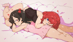Rule 34 | 2girls, artist name, bed sheet, black hair, black shirt, blush, bow, camisole, chemise, female focus, hair bow, hand on another&#039;s leg, head on ass, heart, looking at viewer, love live!, love live! school idol project, lying, lying on person, multiple girls, nishikino maki, off shoulder, on side, on stomach, panties, pillow, pink chemise, pink legwear, purple eyes, randou, red bow, red eyes, red hair, shirt, short hair, skindentation, smile, socks, thighs, twintails, underwear, white panties, yazawa nico, yuri