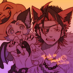 Rule 34 | 1boy, ahoge, animal ears, bat wings, chain, claw ring, eyepatch, facial hair, fangs, fur collar, gradient background, highres, jack-o&#039;-lantern, jewelry, mdr vert, multicolored hair, necklace, paw pose, pimota unknown, ranburn tidal, sideburns, simple background, streaked hair, stubble, trick or treat, upper body, wings, wolf ears, zenonzard