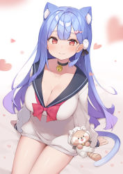 Rule 34 | 1girl, absurdres, animal, animal ear fluff, animal ears, bell, black choker, blue hair, blush, bow, bowtie, breasts, cat ears, cat girl, cat tail, choker, cleavage, collarbone, commentary request, cowboy shot, dress, extra ears, hair ornament, hairclip, heart, heart hair ornament, highres, large breasts, long hair, long sleeves, looking at viewer, neck bell, plivyou, red bow, red bowtie, red eyes, shikai yue, shin no tenpii, simple background, sitting, smile, solo, tail, virtual youtuber, white background, white dress