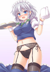 Rule 34 | 1girl, accidental exposure, black panties, black thighhighs, blue eyes, blush, bow, bow panties, braid, breasts, cameltoe, clothes pull, cup, garter belt, garter straps, hair bow, highres, izayoi sakuya, large breasts, looking at viewer, maid, maid headdress, navel, open clothes, open mouth, open skirt, panties, pants falling, short hair, side-tie panties, silver hair, skirt, skirt pull, solo, teacup, teapot, thighhighs, touhou, tray, twin braids, underwear, wardrobe malfunction, wrist cuffs, yuu (yu0221f)