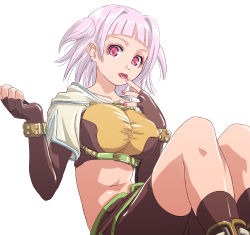 Rule 34 | 1girl, :o, blunt bangs, blush, finger to mouth, hunter, hunter (ragnarok online), knees up, looking at viewer, lowres, midriff, mr.romance, navel, parted lips, pink hair, ragnarok online, red eyes, short hair, shorts, simple background, sitting, skin tight, solo, stomach, white background