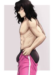 Rule 34 | 1boy, abs, ass, bags under eyes, bara, black hair, black male underwear, blush, boku no hero academia, bulge, bulge lift, catpeachie, chest hair, dressing, embarrassed, eraser head (boku no hero academia), facial hair, feet out of frame, from side, highres, looking at viewer, male focus, male underwear, mature male, medium hair, meme, mustache, navel, navel hair, never seen a guy recreate this (meme), nipples, open pants, pants, pants lift, pectorals, pink pants, scar, scar on arm, solo, standing, stomach, stubble, topless male, track pants, undersized clothes, underwear